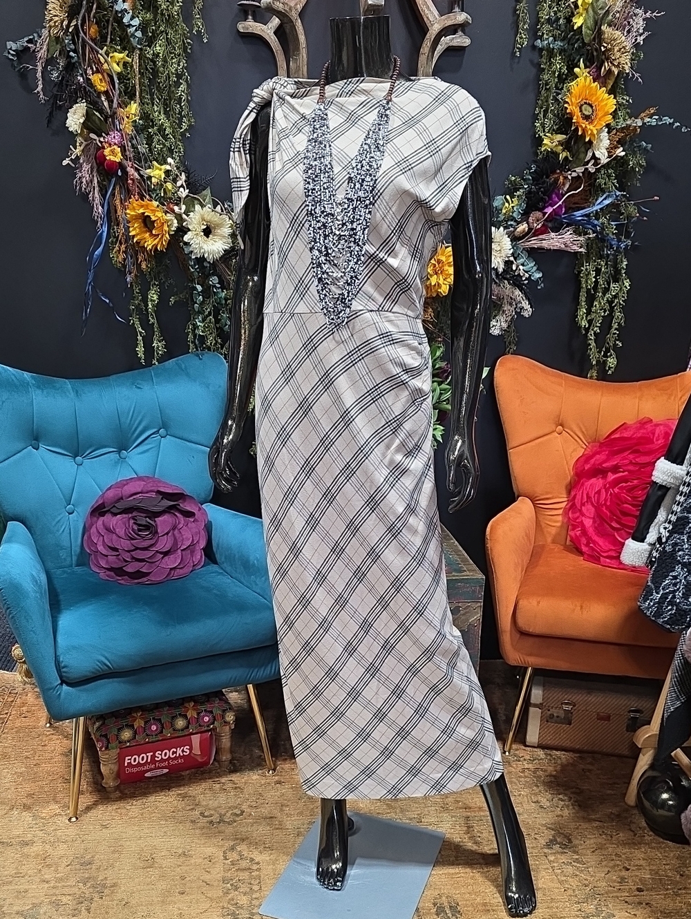 ANTONIO MELANI Plaid Sleeveless Maxi Dress w/ Tie Shoulder